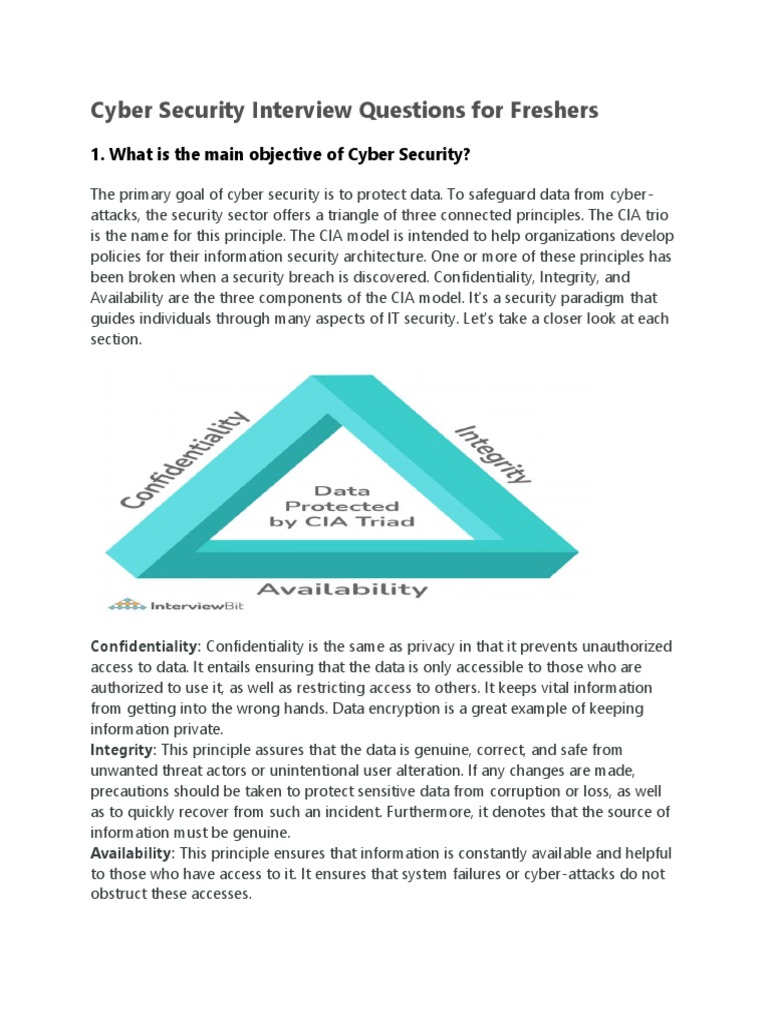 Cyber Security Interview Questions For Freshers: 1. What Is The Main