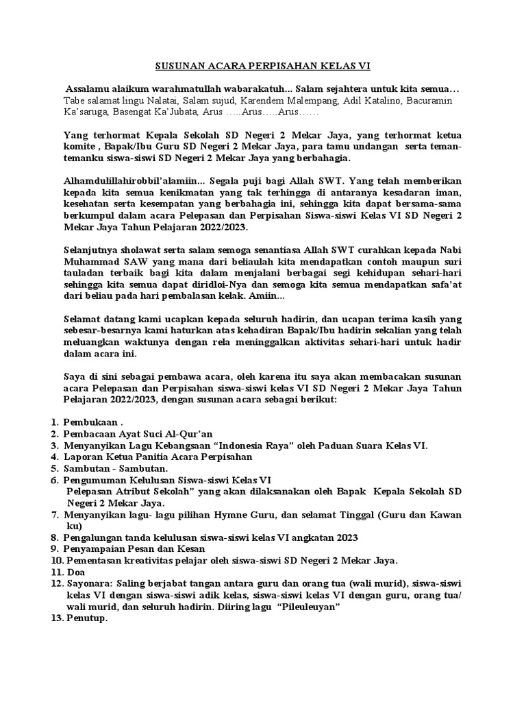 Susunan Acara Perpisahan Kelas Vi | PDF