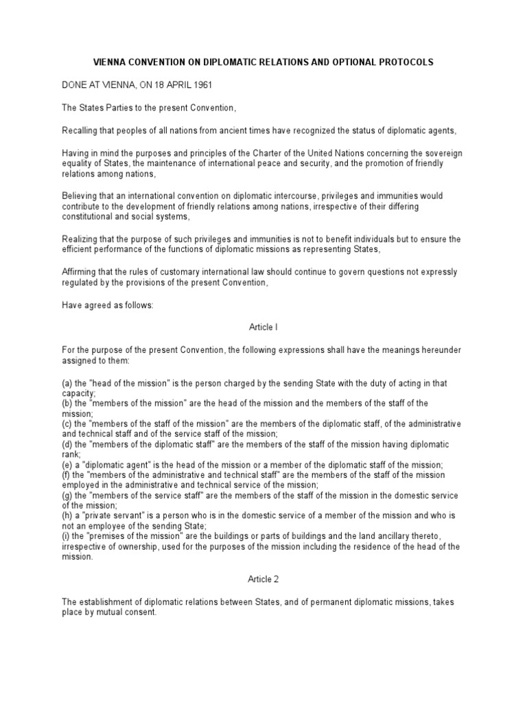 Vienna Convention PDF Treaty Diplomatic Rank