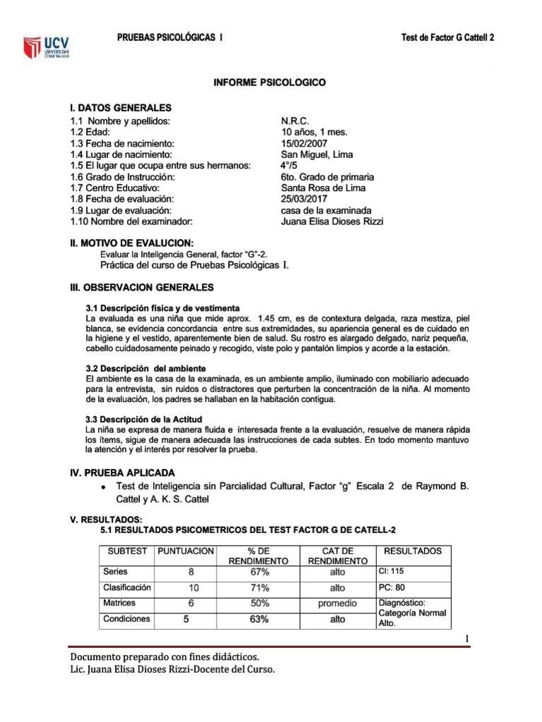 Informe Psicológico Test Factor G Cattell | PDF | Cociente de ...