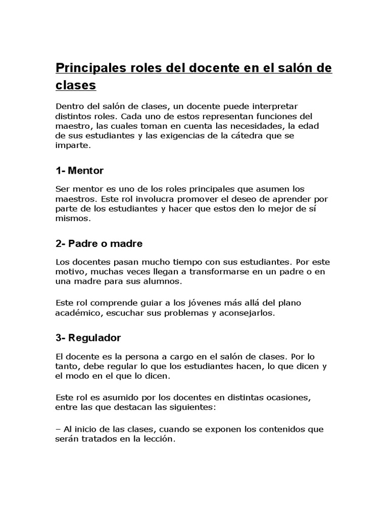 Principales Roles Del Docente en El Salón de Clases | PDF | Enseñando ...