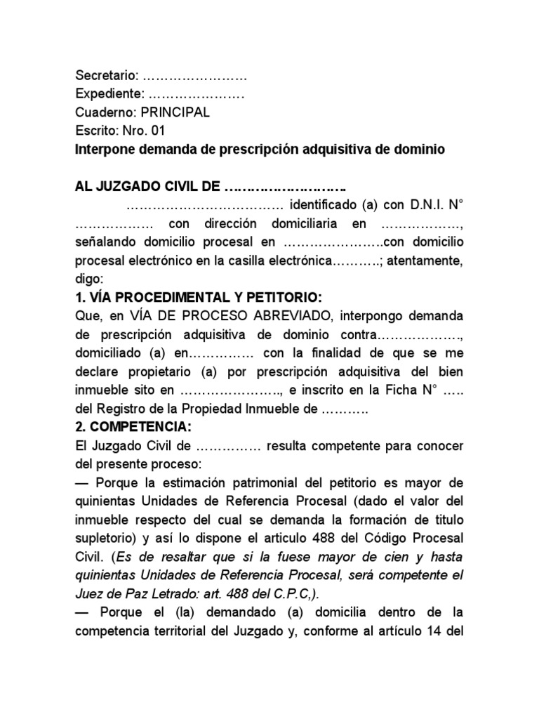 Demanda de Prescripcion Adquisitiva de Dominio | PDF | Demanda judicial