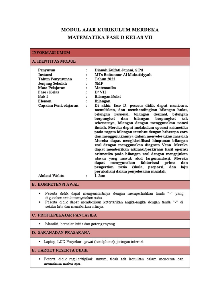 Modul Ajar MTK Kelas 7 Bab 1 Bilangan Bulat | PDF