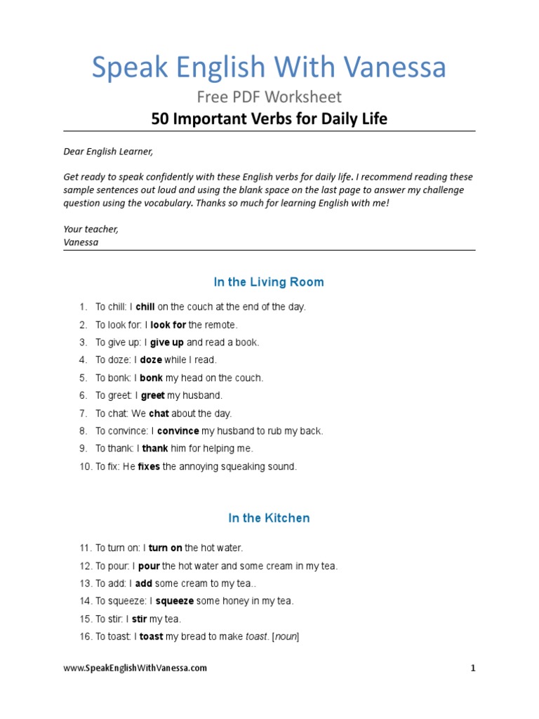 36 50 Important Verbs - Speak English With Vanessa | PDF | English ...
