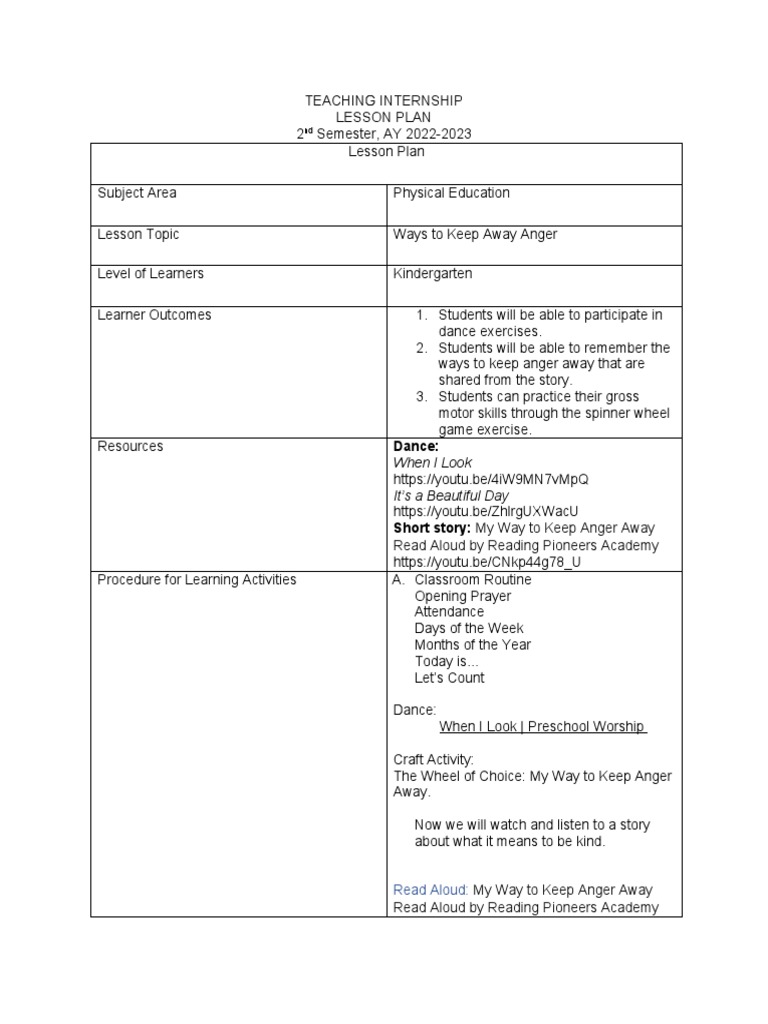 Lesson Plan - PE (Keep Away Anger) | PDF | Anger | Lesson Plan