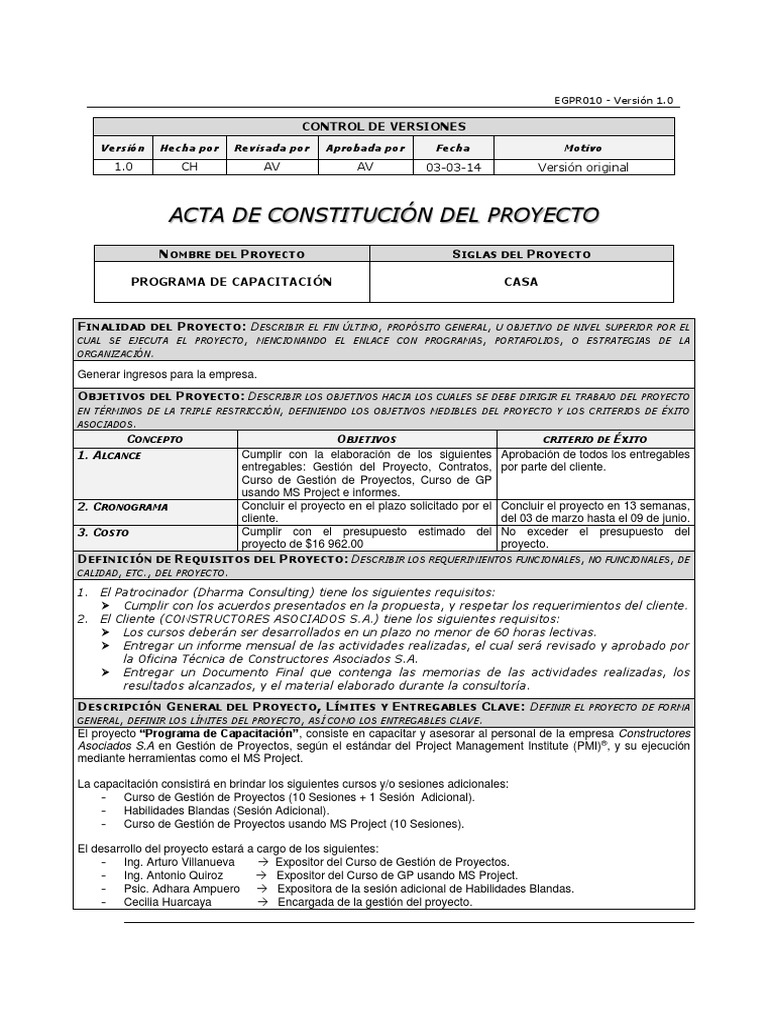 Ejm - Acta de Constitución Del Proyecto | Descargar gratis PDF ...