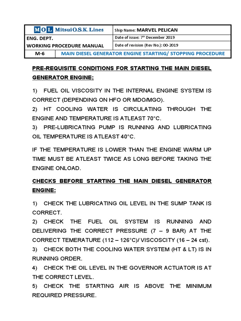 Main Diesel Generator Starting Procedure | PDF | Diesel Engine | Fuel Oil