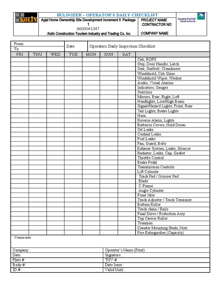 Bulldozer Operator Daily Checklist | PDF | Vehicles | Automotive ...
