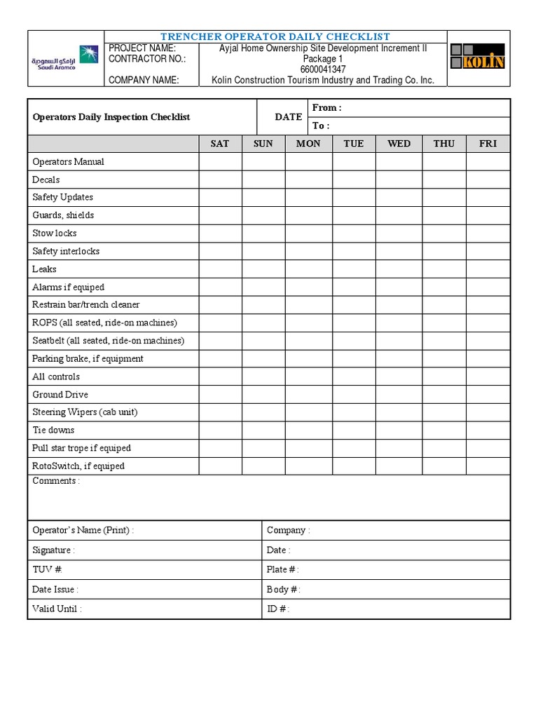 Daily Trencher Inspection Checklist | PDF | Business | Computers