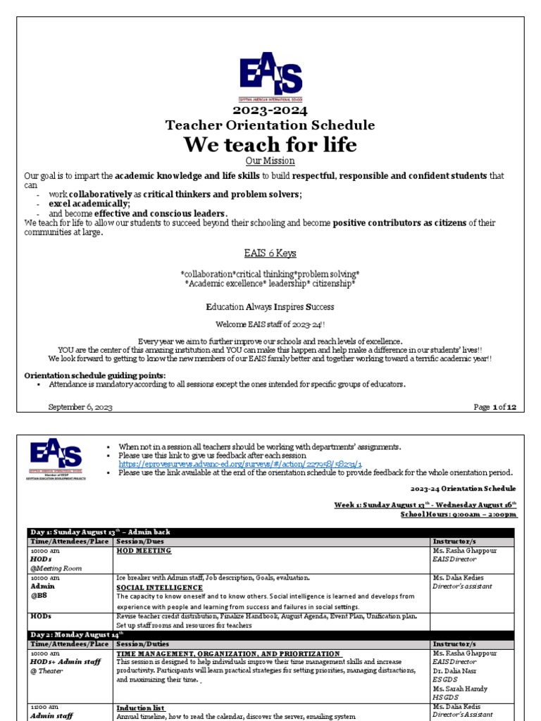 Updated Eais Teacher Orientation Schedule 23 34 PDF Teachers Learning