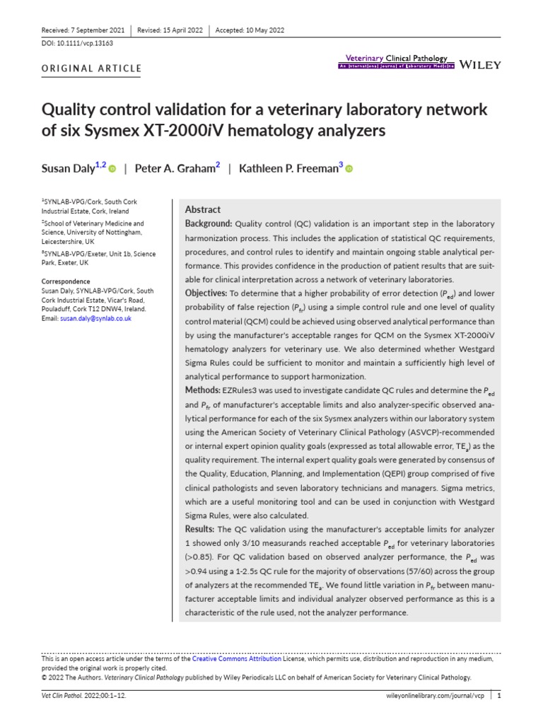Veterinary Clinical Pathol 2022 Daly Quality Control Validation For A Veterinary
