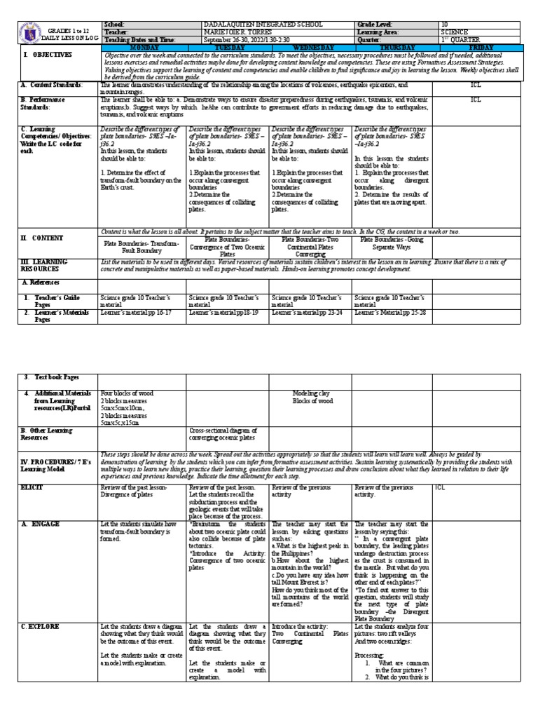 Grade 10-DLL Earth Sci W5 | PDF | Plate Tectonics | Geology