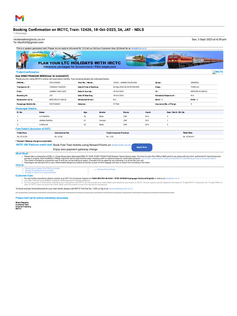 Gmail - Booking Confirmation On IRCTC, Train - 12426, 18-Oct-2023, 3A ...