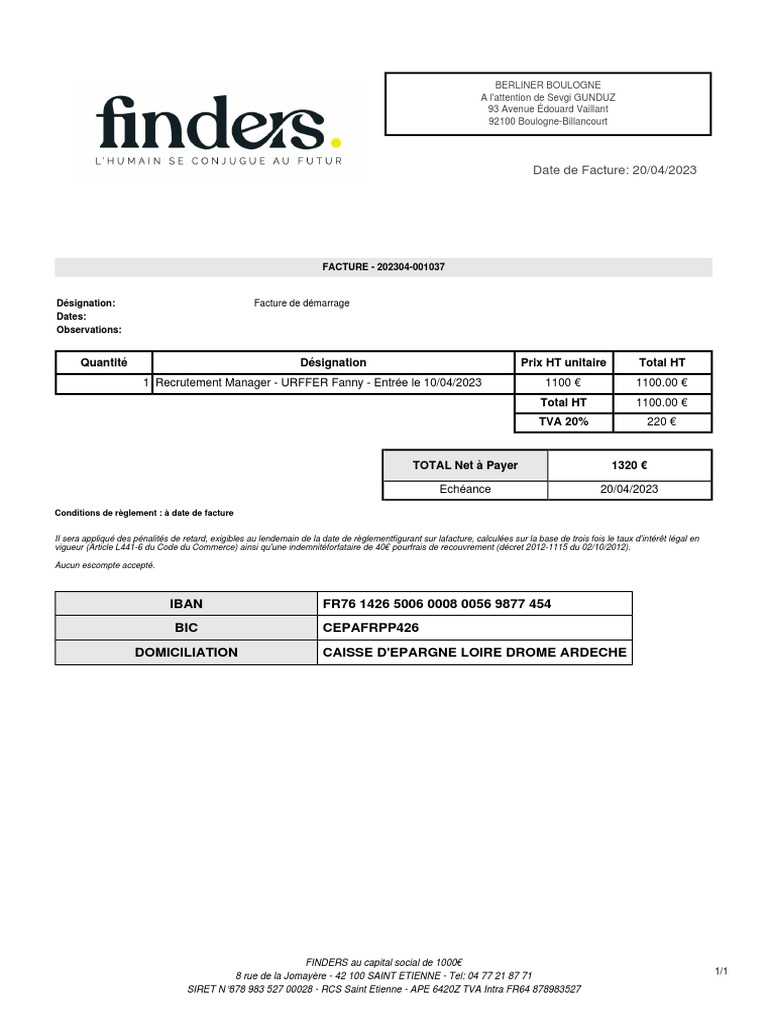 Date de Facture: 20/04/2023: Quantité Désignation Prix HT Unitaire ...