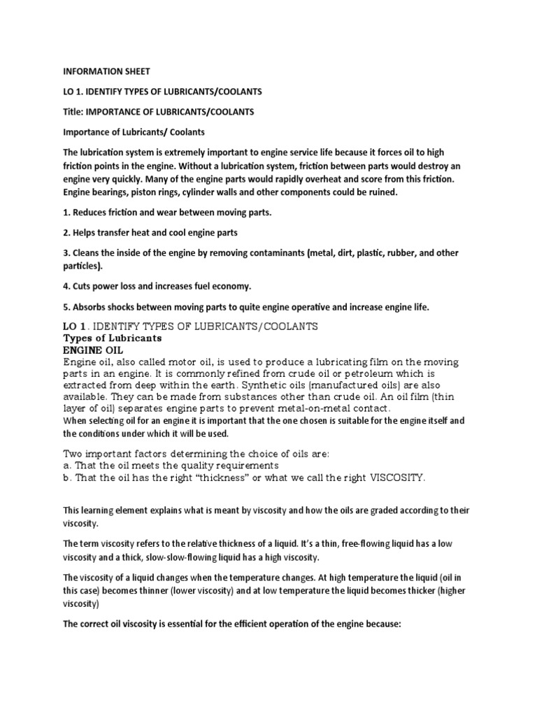 Auto 8 Notes PDF Motor Oil Lubricant