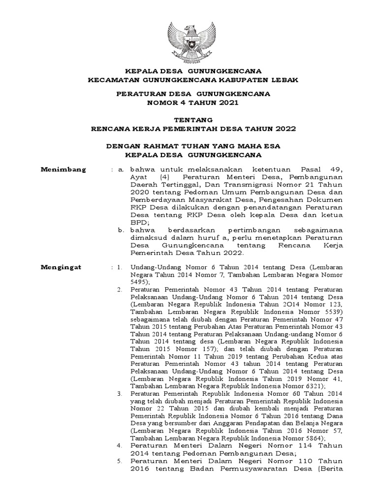 26 Format Perdes Tentang Pengesahan Rkp Desa Pdf