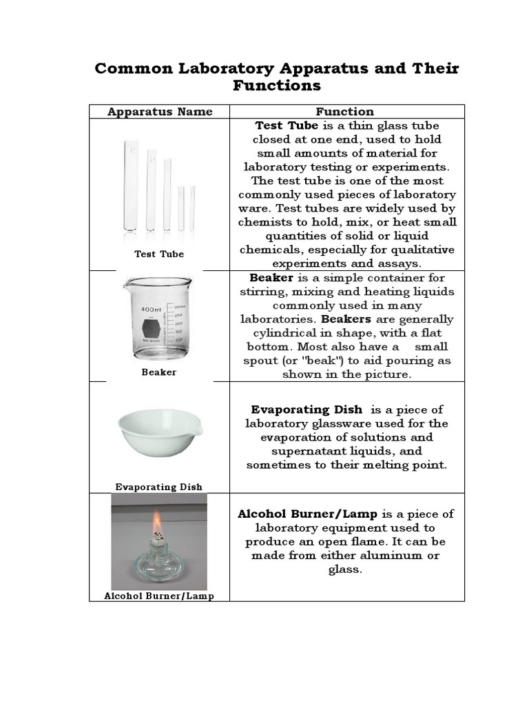 Laboratory Apparatus and Their Functions PDF Glasses Liquids