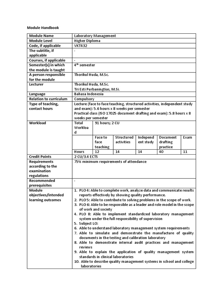 Laboratory Management Module Handbook | PDF | Laboratories | Quality ...