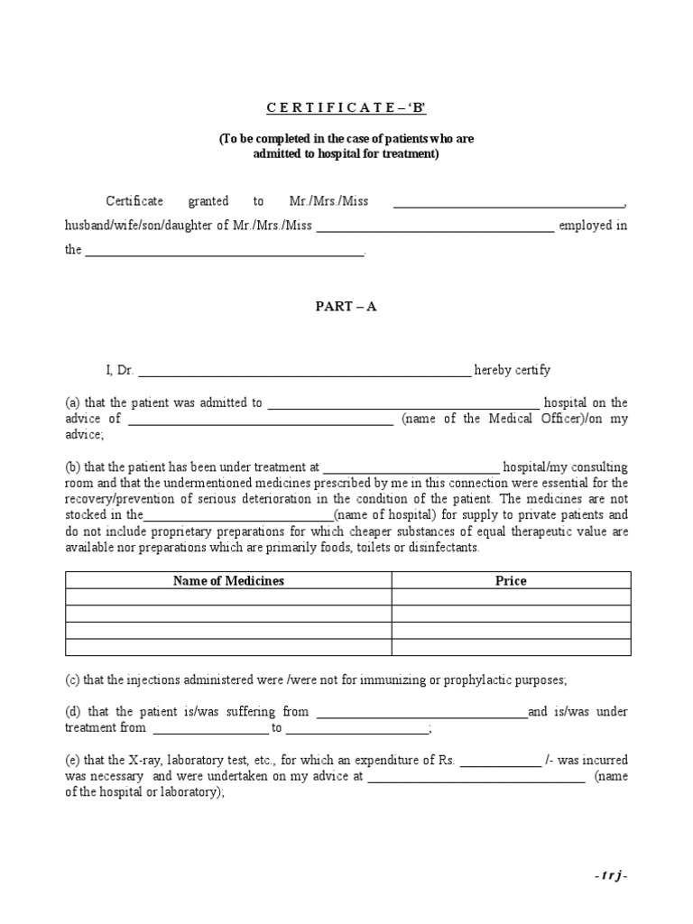 Hospital Admission Certificate B | PDF | Hospital | Patient