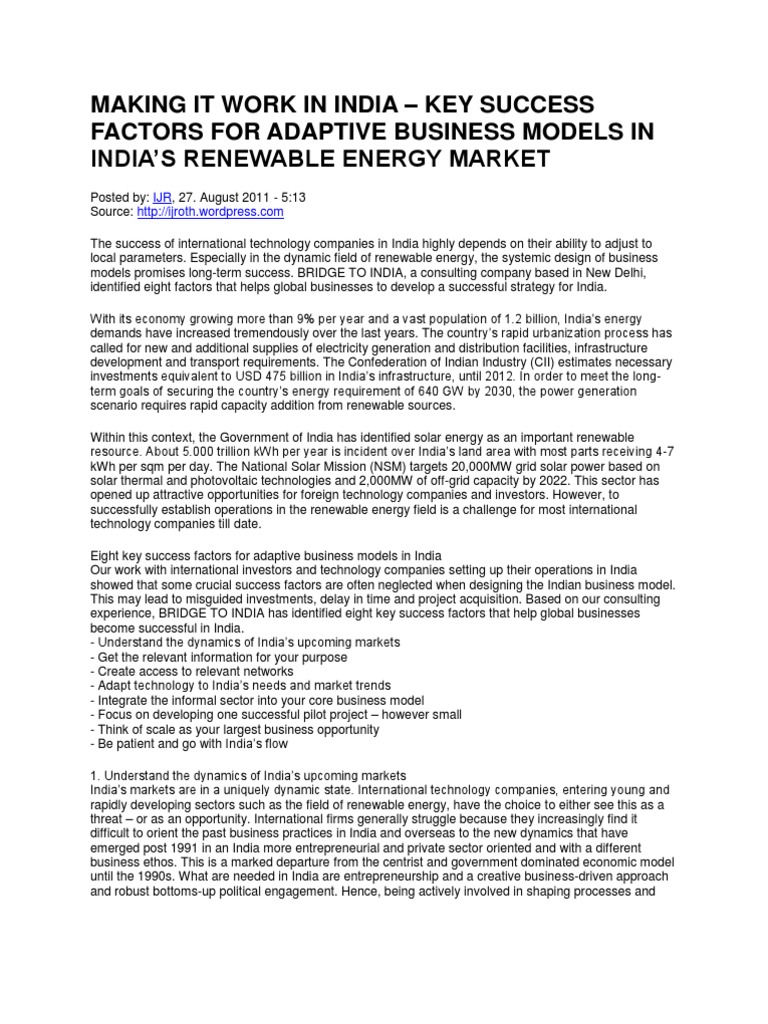 Success Factors for Renewable Energy in India | PDF