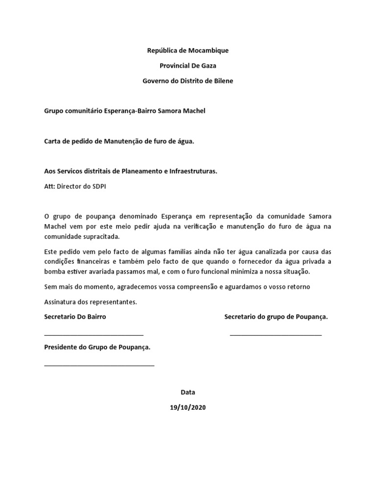 Carta de pedido de manuten o de furo de gua pdf