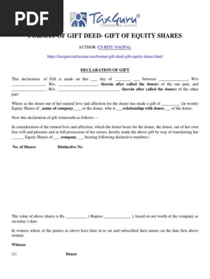 Format of Gift Deed- Gift of equity shares- taxguru.in