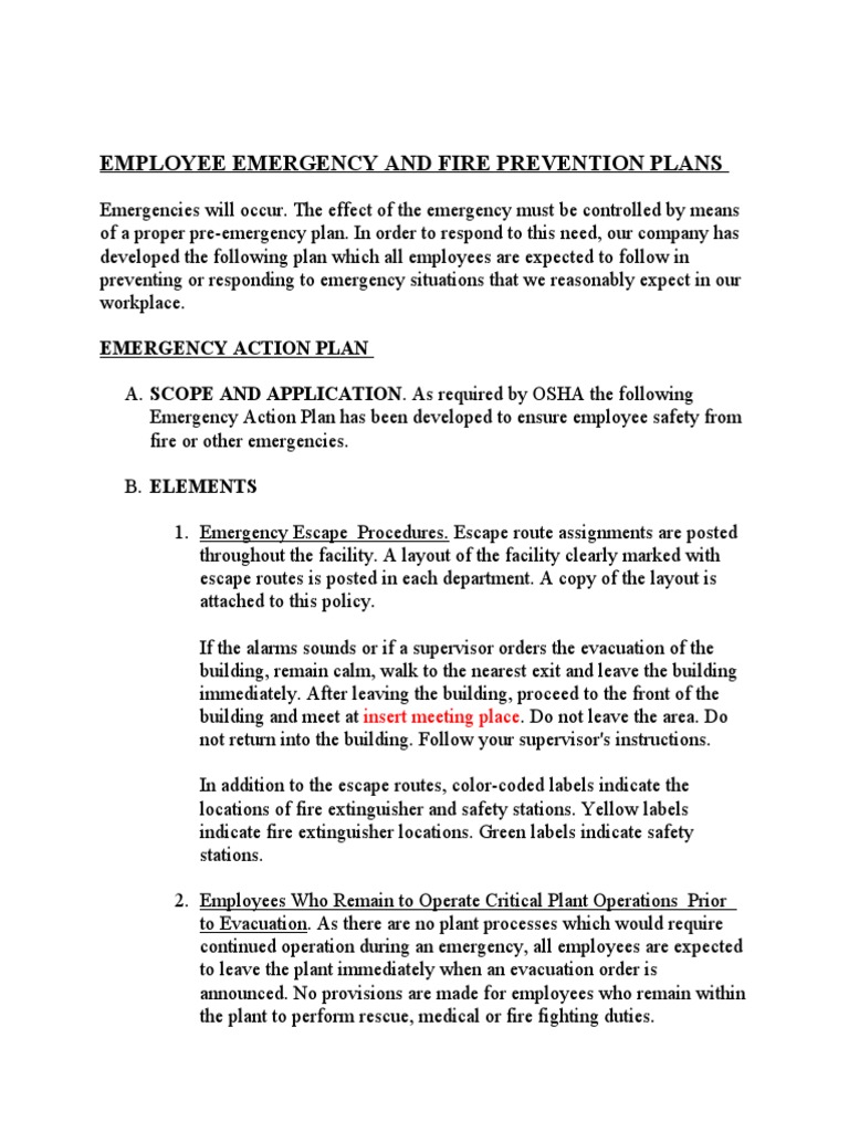 Employee Emergency and Fire Prevention Plans PDF Emergency