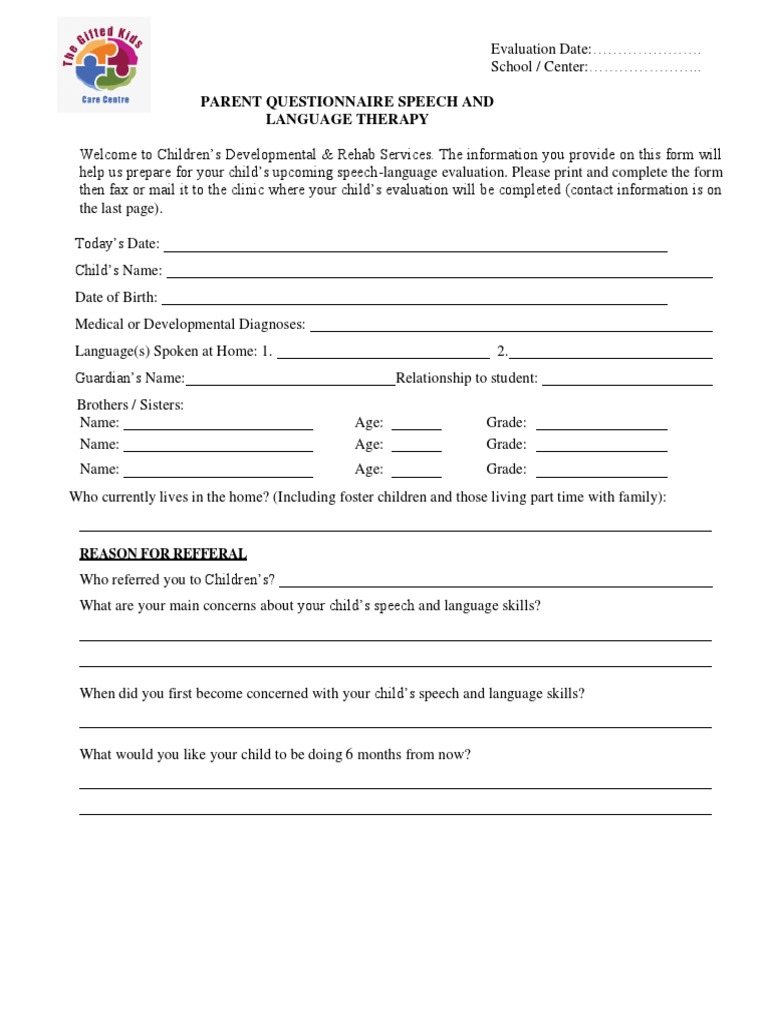 Parent Questionnaire for Stuttering Evaluation | PDF | Stuttering | Speech
