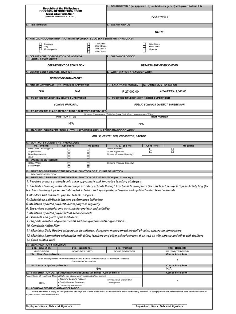 T1 Position Description Form PDF Teachers Learning