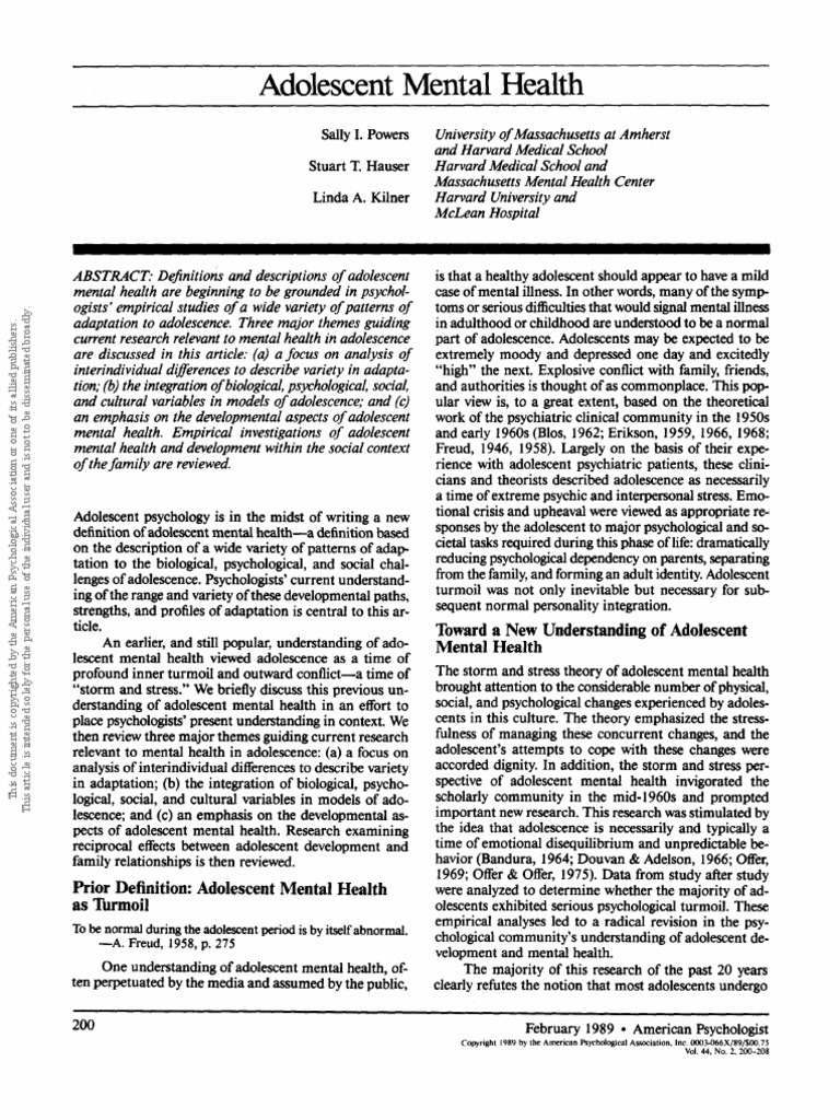 (1989) Adolescent Mental Health | PDF | Adolescence | Mental Disorder