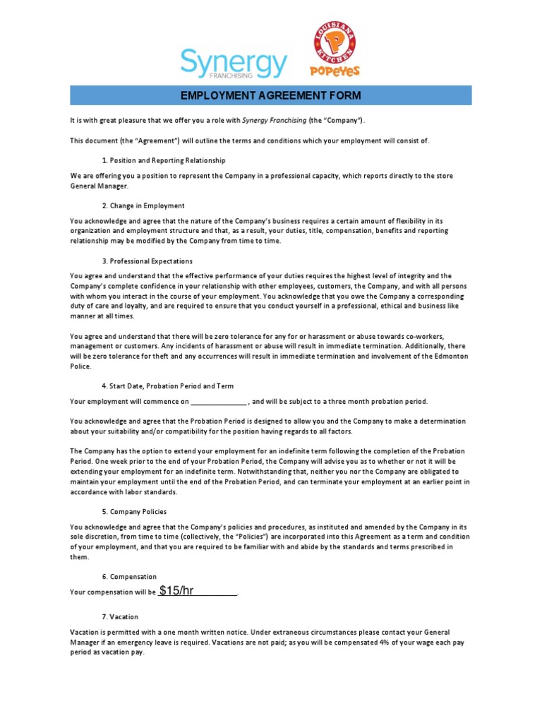 Popeyes Employment Agreement Form Download Free PDF Employment