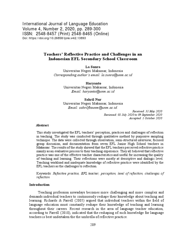 Teachers’ Reflective Practice and Challenges | PDF | Reflective ...