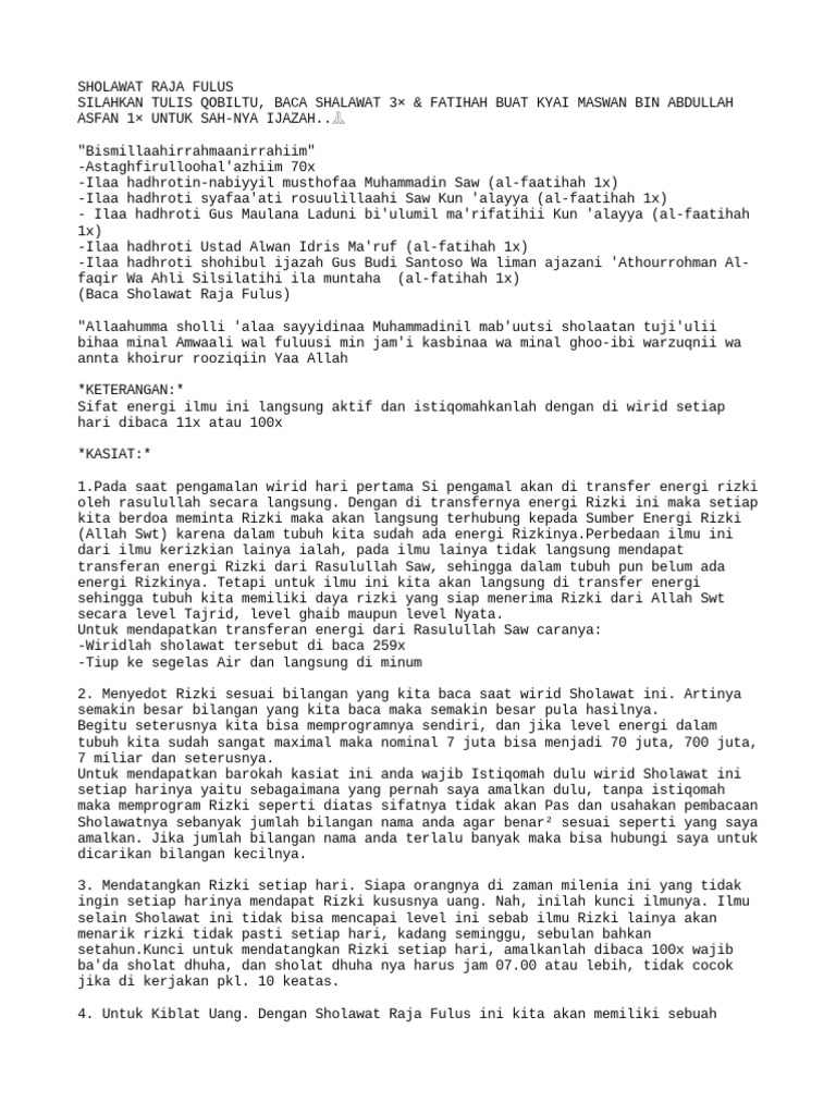 Sholawat Raja Fulus untuk Rizki Harian | PDF