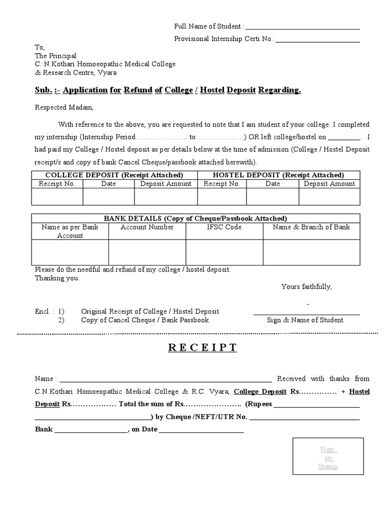 Application Form For College-Hostel Deposit Refund | PDF
