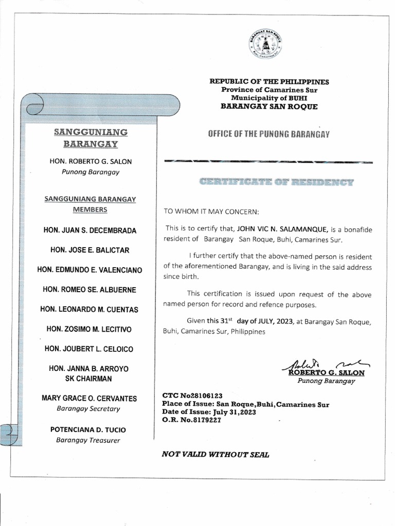 Certificate of Residency PDF