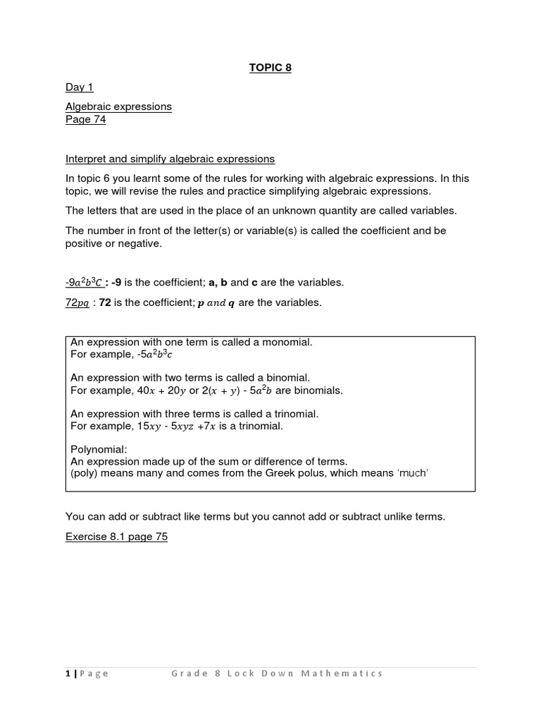 Grade 8 Algebraic Expressions Guide | PDF | Equations | Variable ...