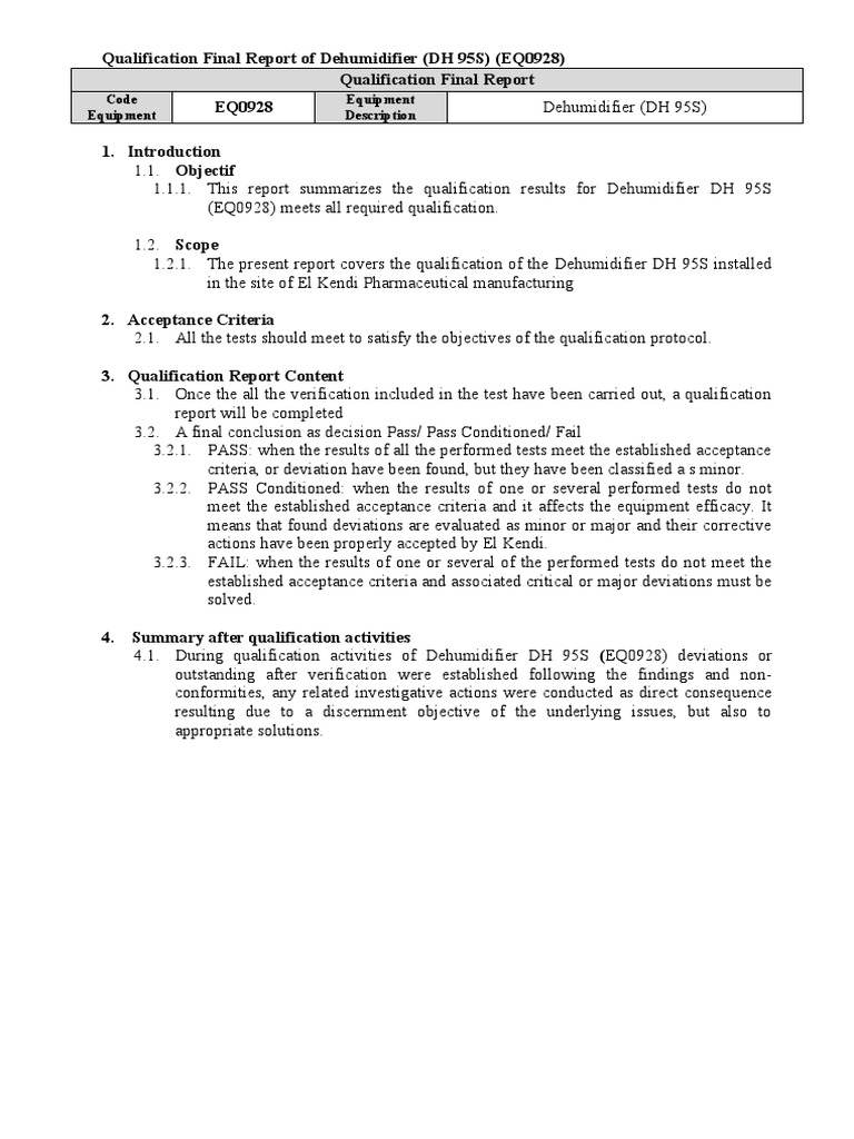 Qualification Report for DH 95S Dehumidifier | PDF