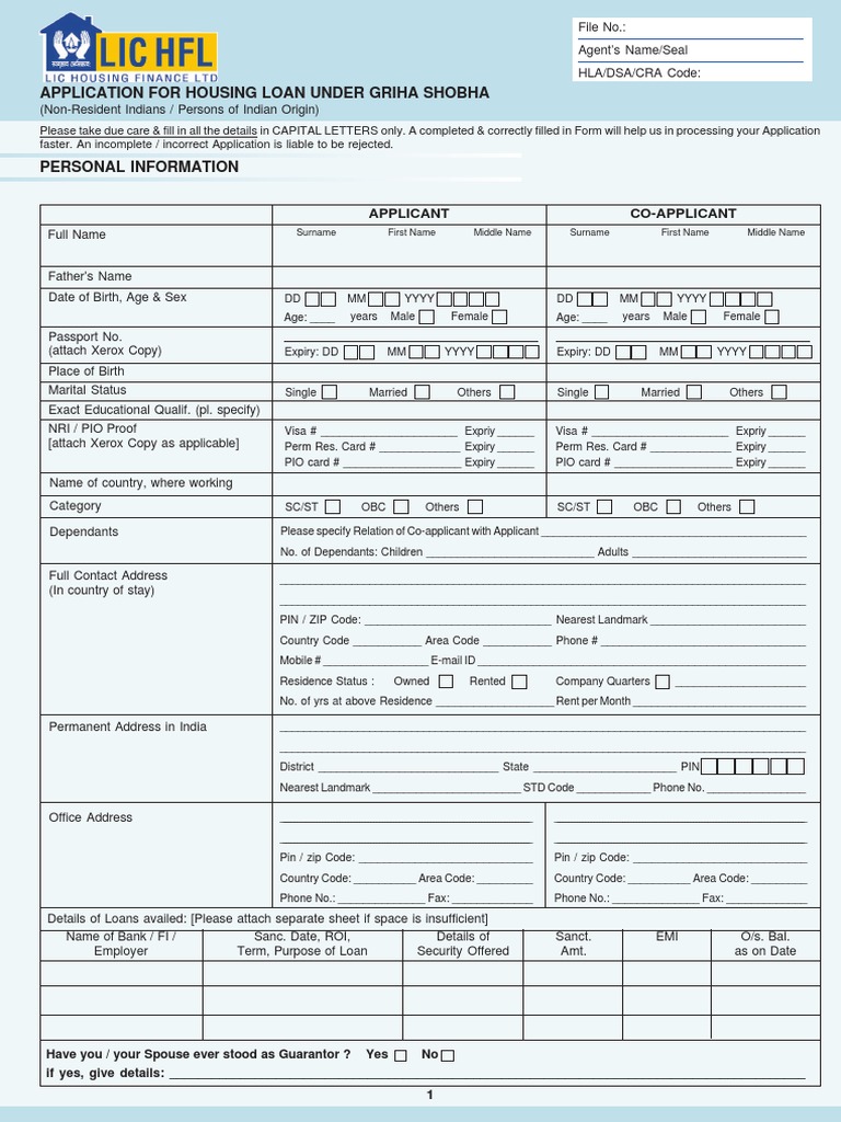 LIC Housing Loan Application Form | PDF | Mortgage Loan | Loans