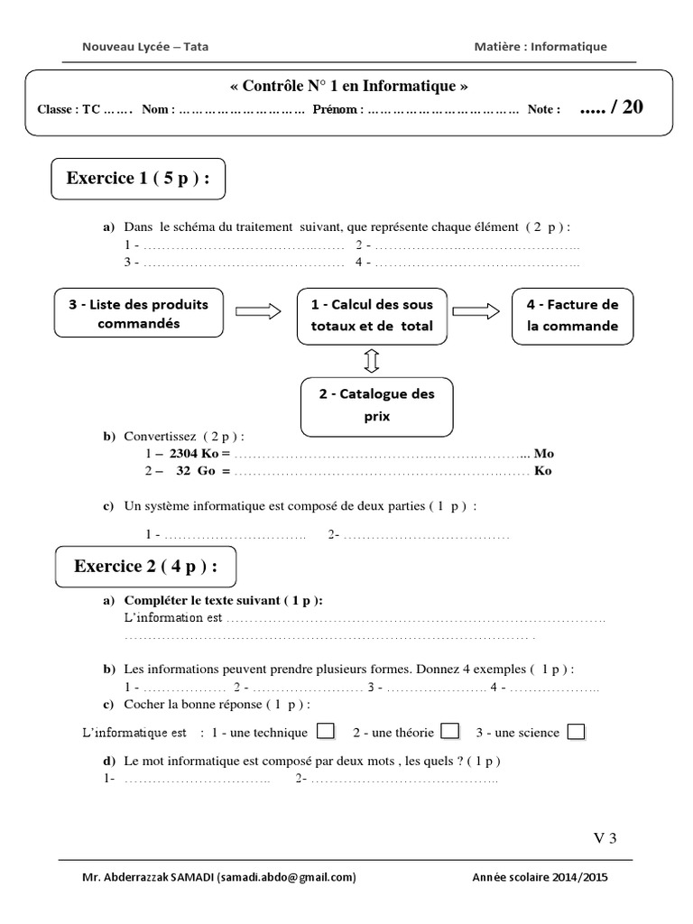 Contrôle Informatique : Examen 2014/2015 | PDF | Mémoire (informatique ...