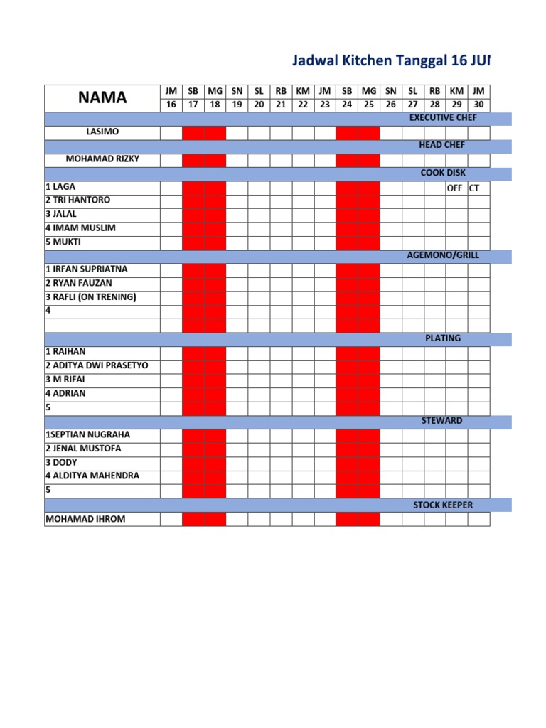 Jadwal Kerja Dapur Juni-Juli 2023 | PDF