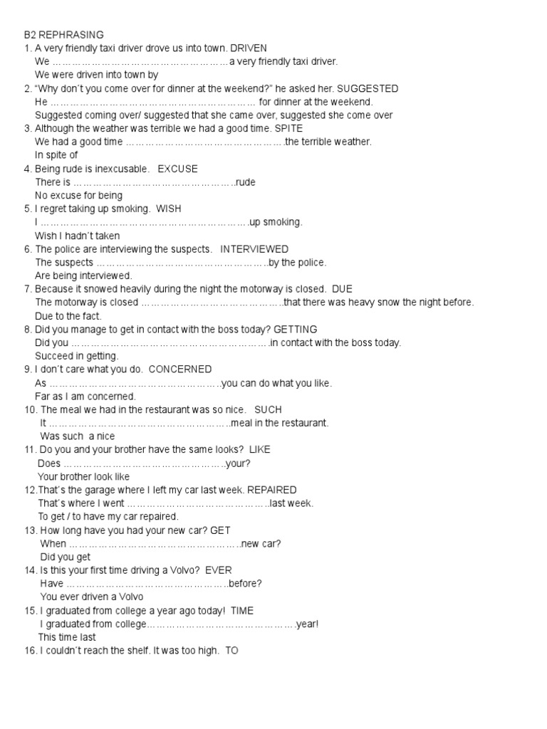 B2 English Rephrasing Exercises | PDF