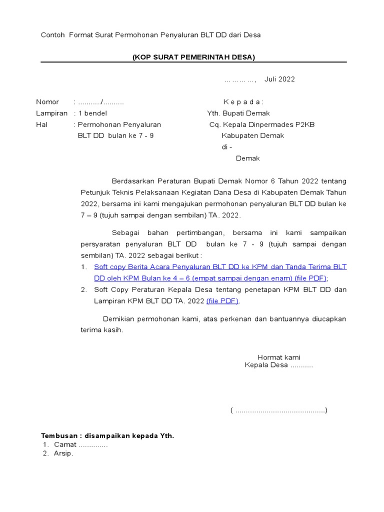 Contoh Format Surat Permohonan Penyaluran BLT DD Bulan 7 - 9 TA. 2022 | PDF