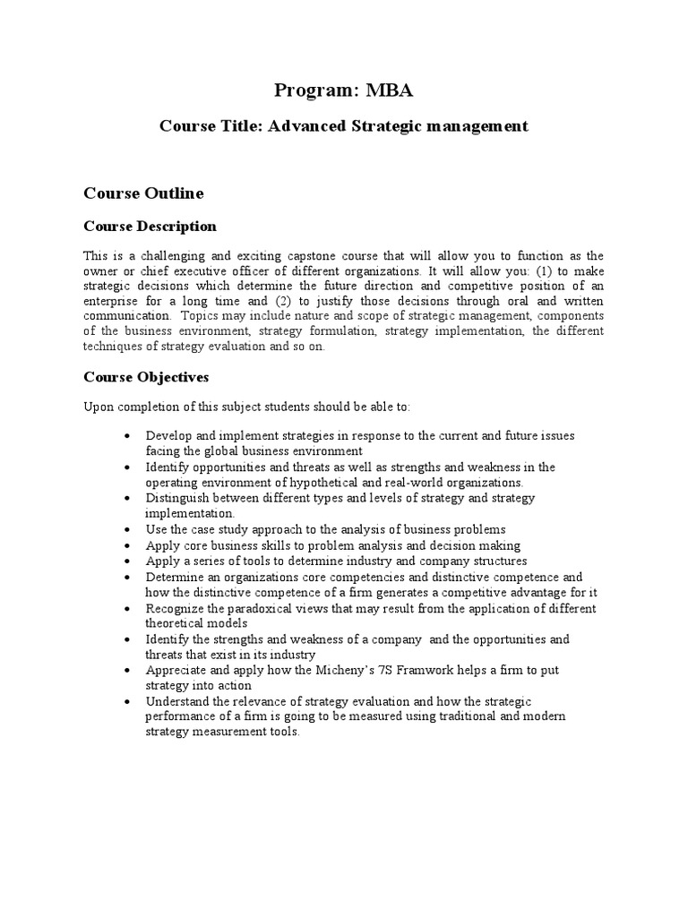 SM Course Outline | PDF | Strategic Management | Competitive Advantage