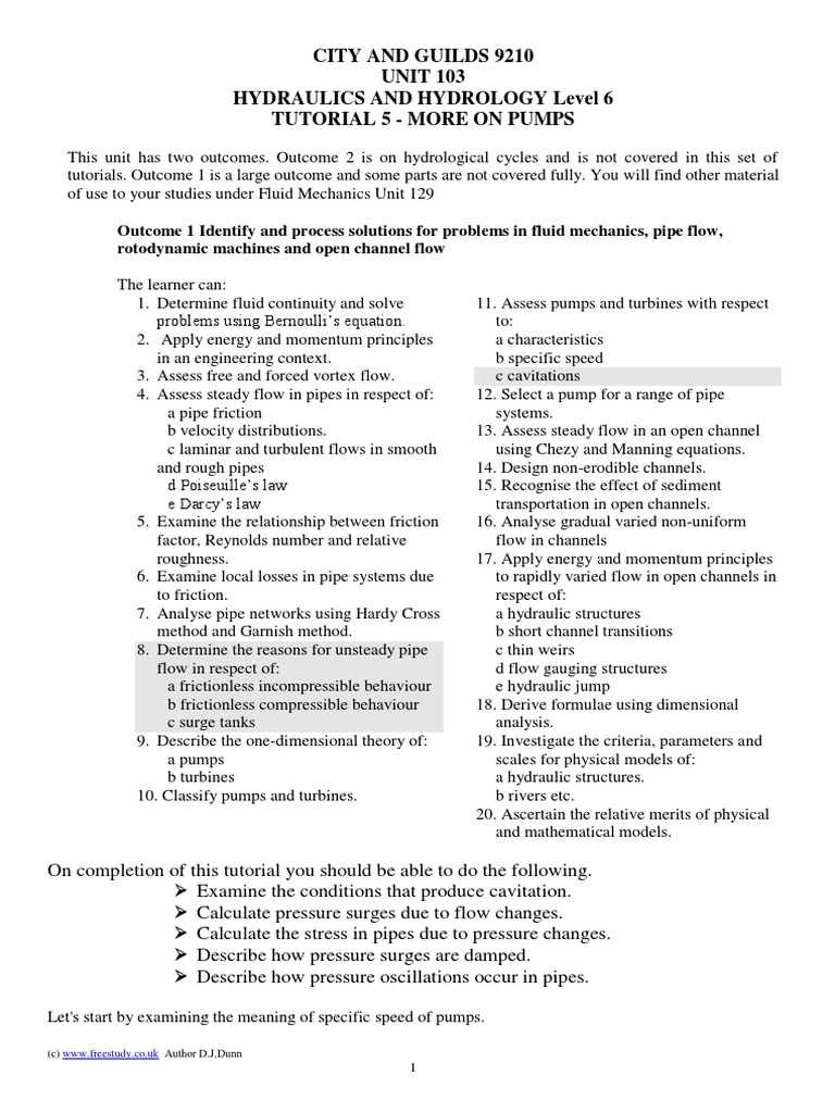 City and Guilds 9210 UNIT 103 Hydraulics and Hydrology Level 6 Tutorial ...