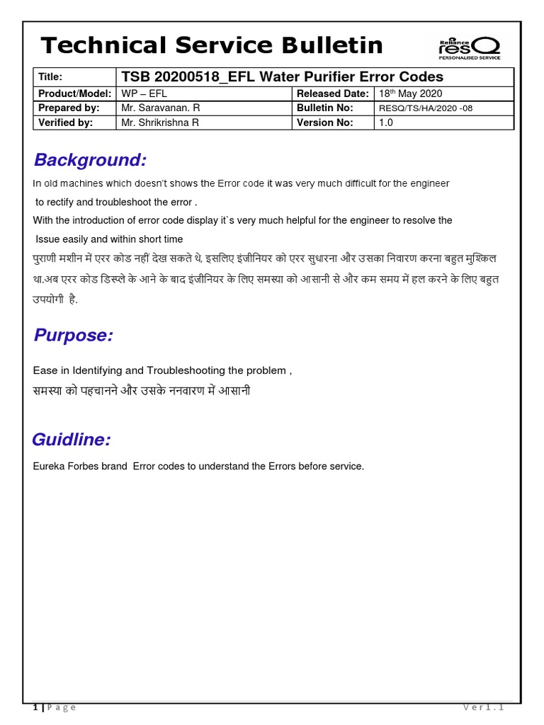 TSB 20200518 - EFL Water Purifier Error Codes | PDF