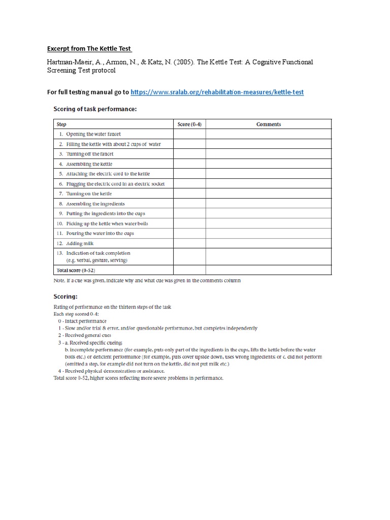 Kettle Test: Cognitive Screening Protocol | PDF