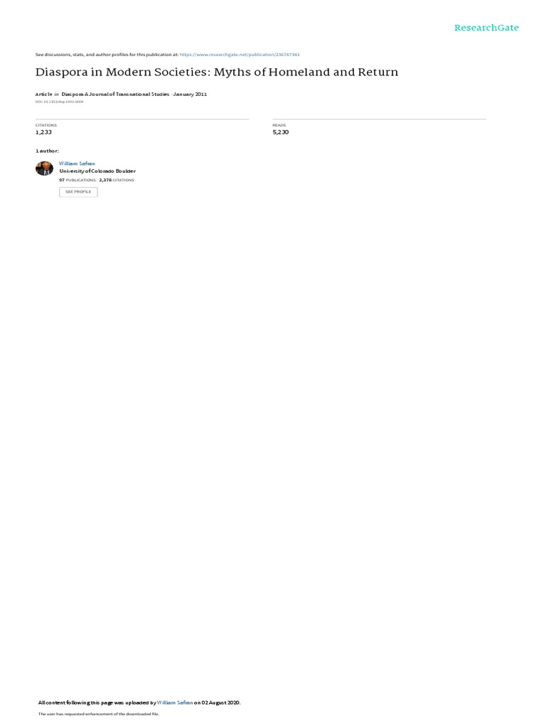 SAFRAN, W. Diaspora in Modern Societies Myths of Homeland and Return