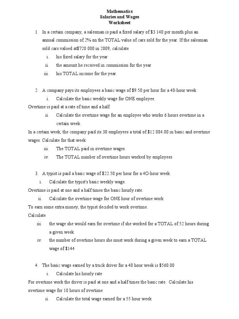 Salaries and Wages Worksheet PDF