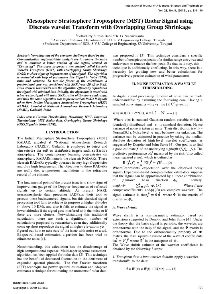 Mesosphere Stratosphere Troposphere (MST) Radar Signal Using DWT With ...
