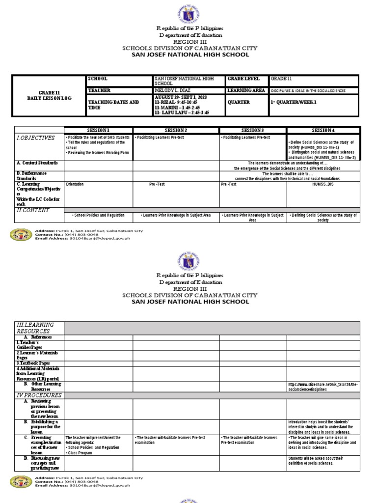 Grade 11 Social Sciences Lesson Plan | PDF | Learning | Teachers